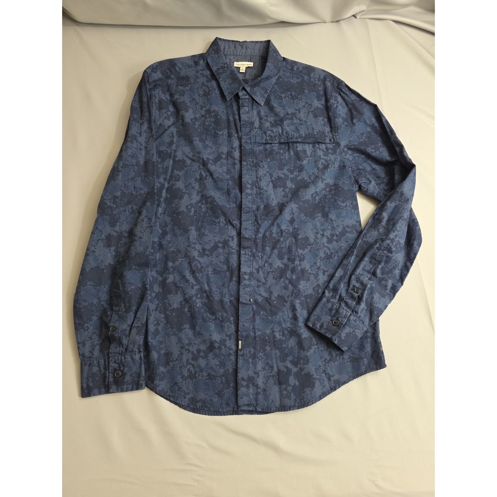 Calvin Klein Jeans Long Sleeve Shirt Mens Large Blue Camouflage Cotton Button Up